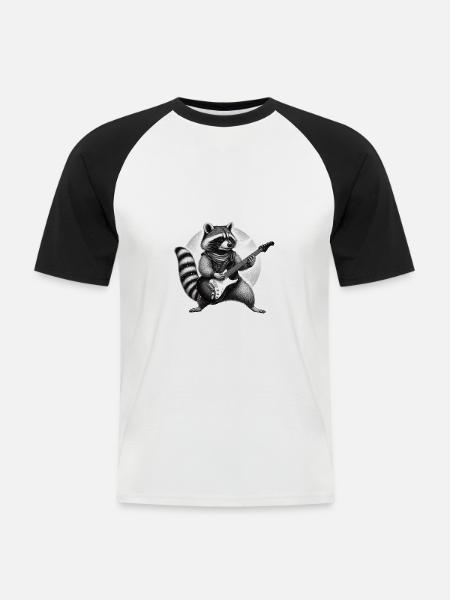 Waschbär mit E-Gitarre - Männer Baseball-T-Shirt - Weiß/Schwarz