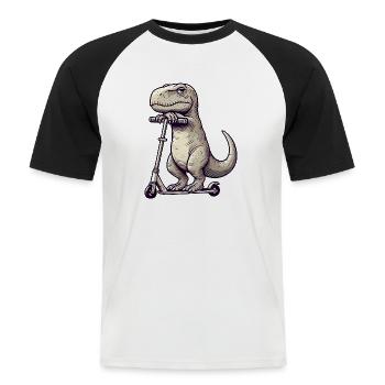 Mürrischer Dino T-Rex auf Kickroller Comic - Männer Baseball-T-Shirt - Weiß/Schwarz - Vorne - Nik (191cm)