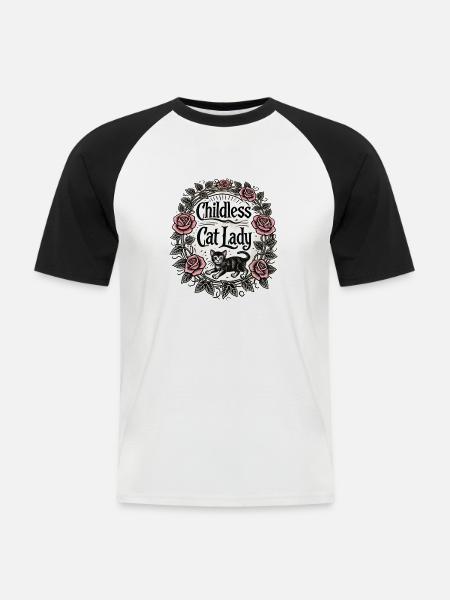 Kinderlose Katzendame - Männer Baseball-T-Shirt - Weiß/Schwarz