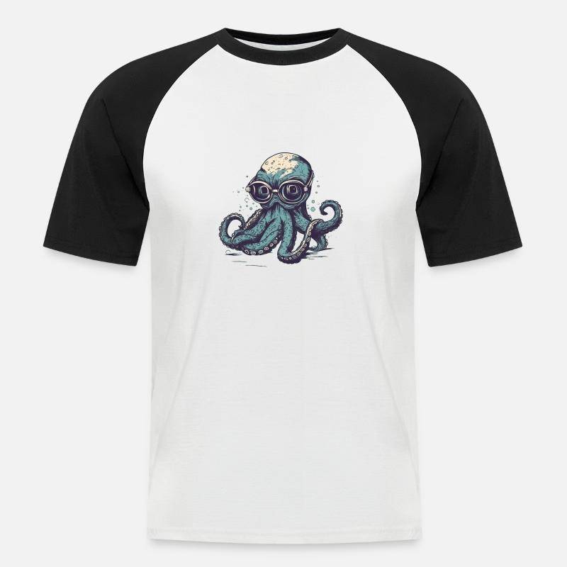 Nerdy Comic Oktopus mit Brille - Männer Baseball-T-Shirt - Weiß/Schwarz