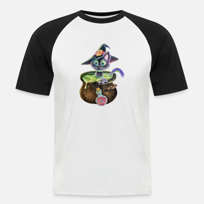 Hexenkatze im Topf - Männer Baseball-T-Shirt - Weiß/Schwarz