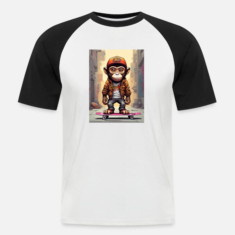 Comic Affe auf Skateboard - Männer Baseball-T-Shirt - Weiß/Schwarz