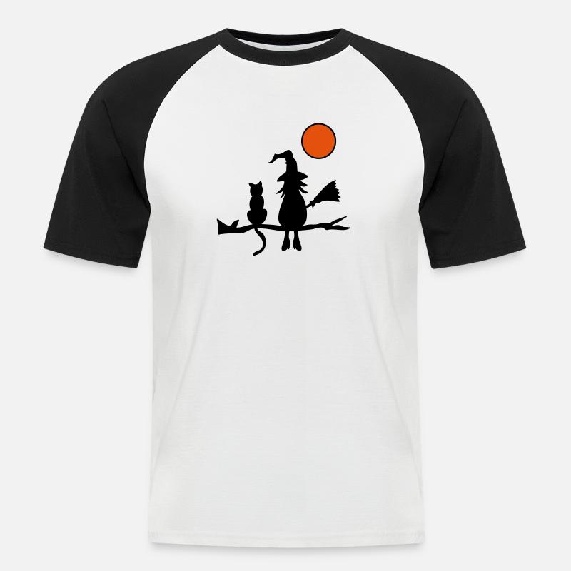 Hexe mit Katze - Männer Baseball-T-Shirt - Weiß/Schwarz