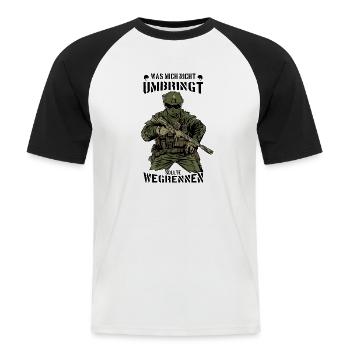 BUNDESWEHR SOLDAT SOLDATEN WAS MICH NICHT UMBRINGT - Männer Baseball-T-Shirt - Weiß/Schwarz - Vorne - Nik (191cm)