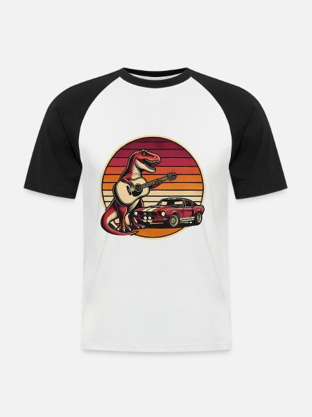 Guitariste rétro TRex avec voiture de sport - T-shirt baseball manches courtes Homme - blanc/noir