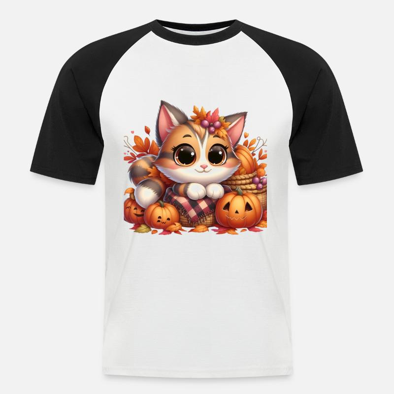 Herbst Katze 5 - Männer Baseball-T-Shirt - Weiß/Schwarz