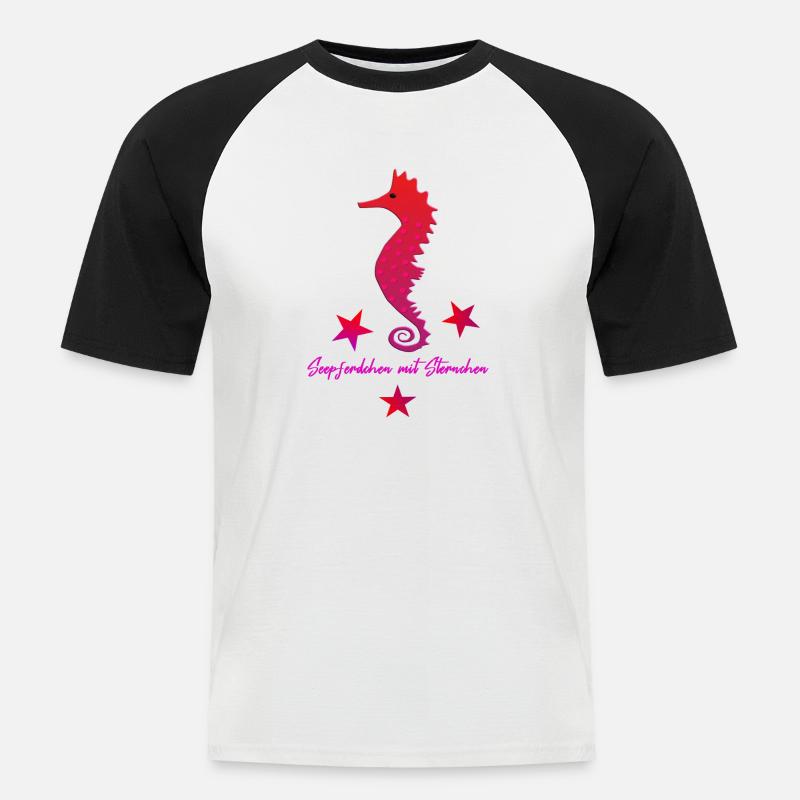 rotes Seepferd mit Sternchen - Männer Baseball-T-Shirt - Weiß/Schwarz