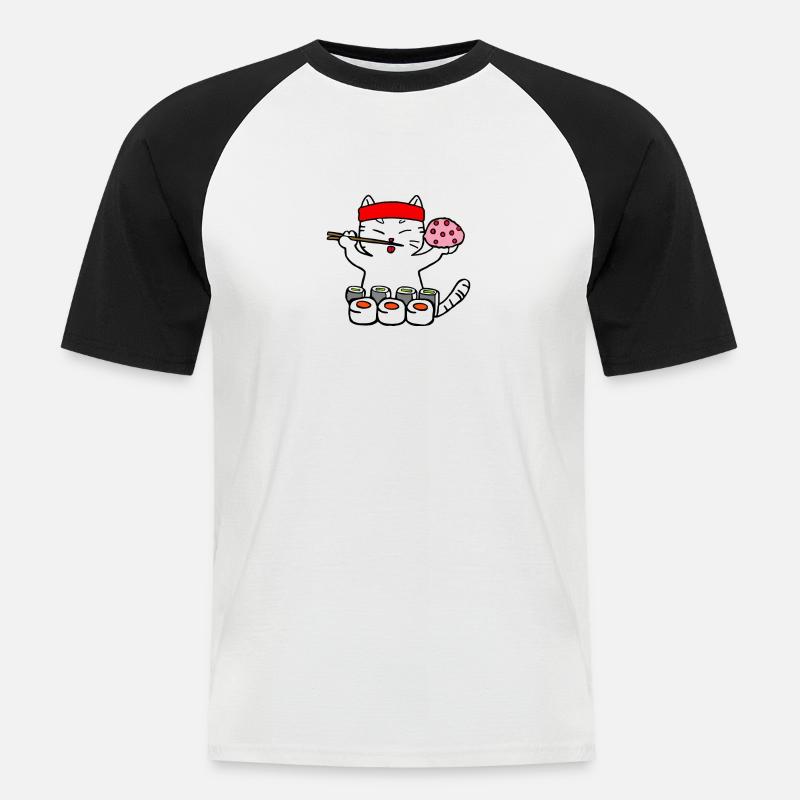 Katze isst Sushi mit Stäbchen - Männer Baseball-T-Shirt - Weiß/Schwarz