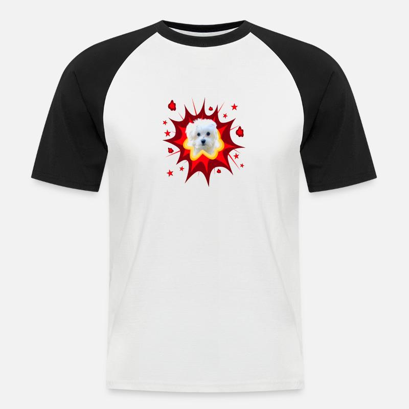 Comic Hund Design - Pow - Malteser - Männer Baseball-T-Shirt - Weiß/Schwarz