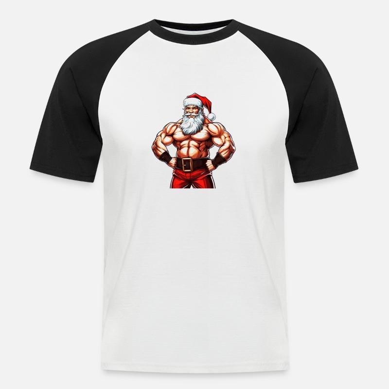Santasaurus Flex: Weihnachts-Bodybuilder mit Weihnachtsmann - Männer Baseball-T-Shirt - Weiß/Schwarz