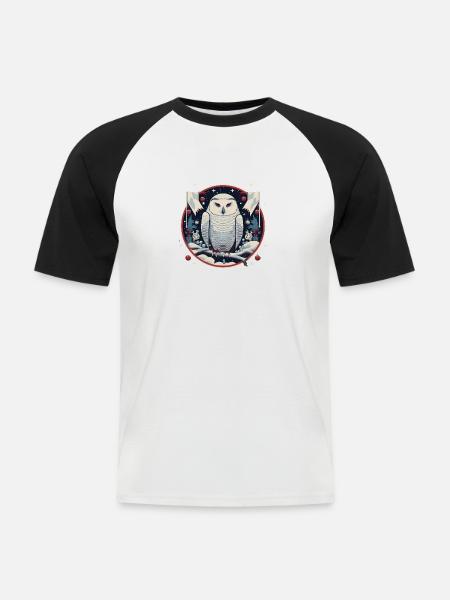 Schneeeule mit Weihnachtsornament - Männer Baseball-T-Shirt - Weiß/Schwarz