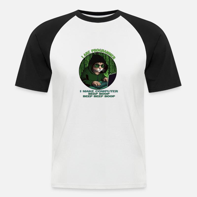 Ich bin Programmierer, grün, Programmierkatze - Männer Baseball-T-Shirt - Weiß/Schwarz