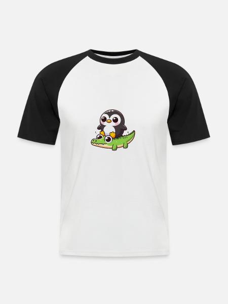 Pinguin auf Krokodil - Männer Baseball-T-Shirt - Weiß/Schwarz