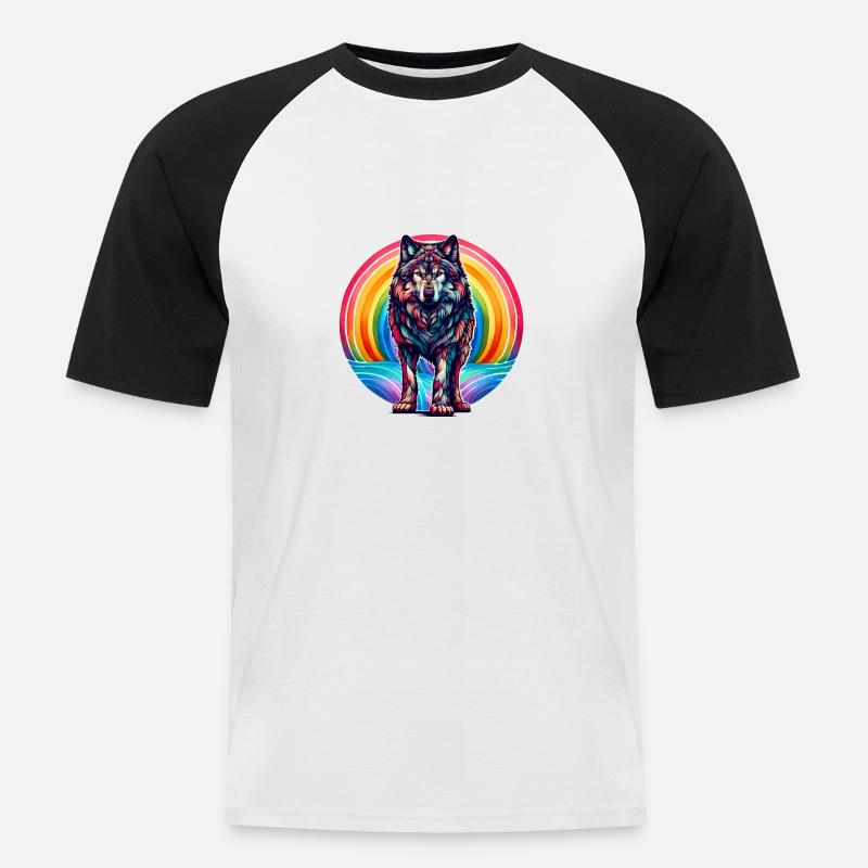 Regenbogen Wolf Wölfe - Männer Baseball-T-Shirt - Weiß/Schwarz