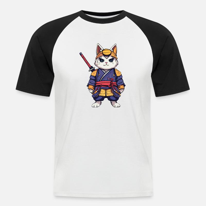 Samurai-Katze #9 - Männer Baseball-T-Shirt - Weiß/Schwarz