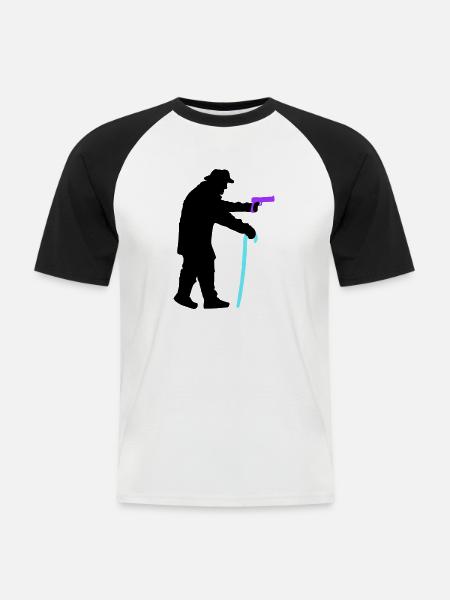 Grandpa robber silhouette with walking stick and gun - Men's Baseball T-Shirt - white/black
