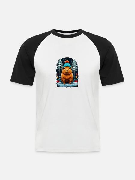 Capibara Mit Wintermütze Happy Capibara - Männer Baseball-T-Shirt - Weiß/Schwarz