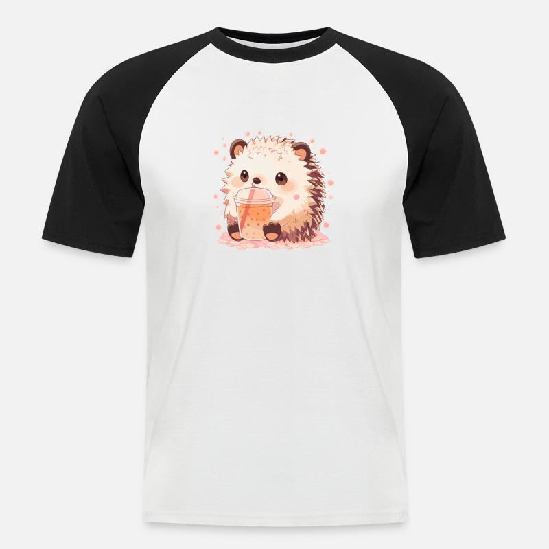 Kawaii Hedgehog Drinks Boba Bubble Tea Chibi - Men's Baseball T-Shirt - white/black