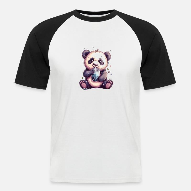 Niedlicher Panda mit Tee - Männer Baseball-T-Shirt - Weiß/Schwarz
