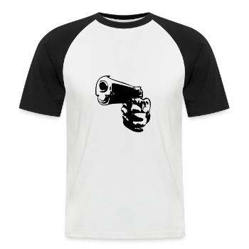 Pistole Handfeuerwaffe - Männer Baseball-T-Shirt - Weiß/Schwarz - Vorne - Nik (191cm)