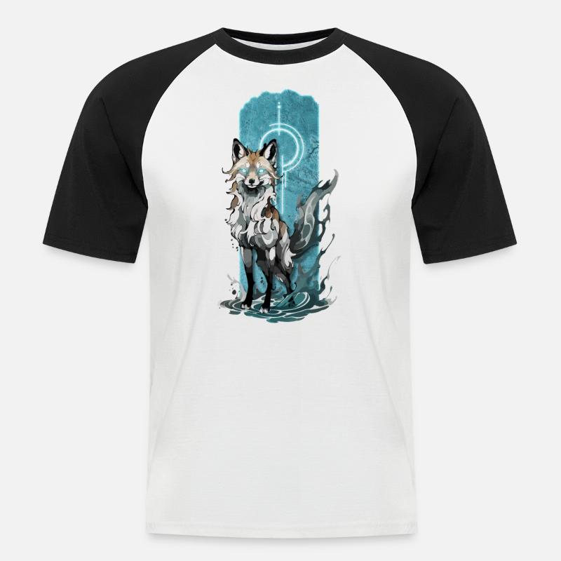 Ätherischer Fuchsgeist: Mystischer blauer Flammenfuchs - Männer Baseball-T-Shirt - Weiß/Schwarz