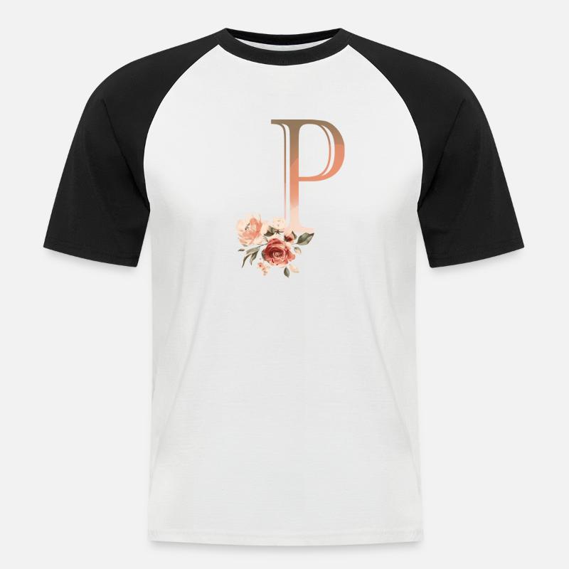 Buchstabe P mit Blumen - Männer Baseball-T-Shirt - Weiß/Schwarz