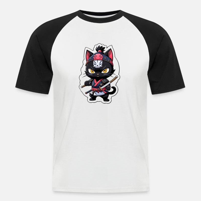 Ninja Katze - Samurai Kätzchen - Männer Baseball-T-Shirt - Weiß/Schwarz