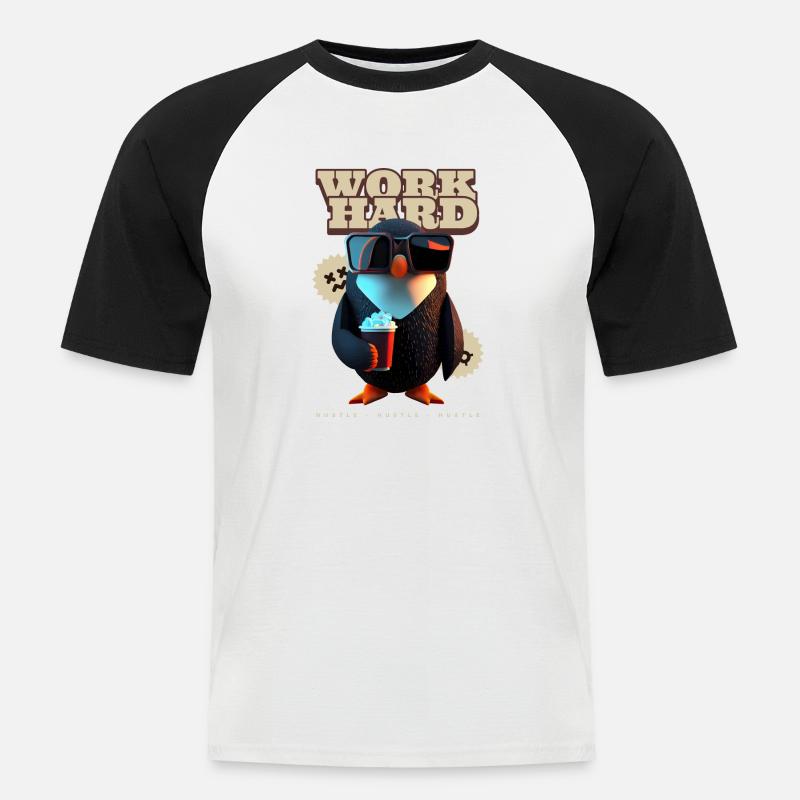 Work Hard (Pinguin) - Männer Baseball-T-Shirt - Weiß/Schwarz