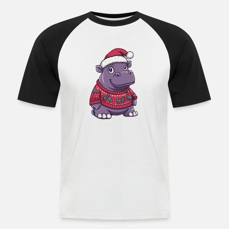 Nilpferd Weihnachten Comic - Männer Baseball-T-Shirt - Weiß/Schwarz