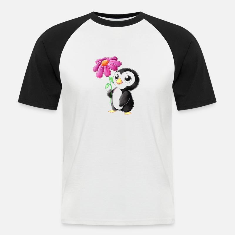 Putziger Comic Pinguin - Männer Baseball-T-Shirt - Weiß/Schwarz