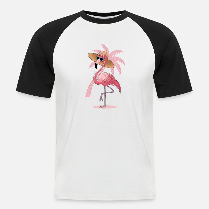 Flamingo mit Sonnenhut - Männer Baseball-T-Shirt - Weiß/Schwarz