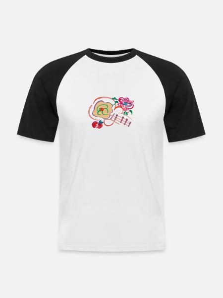 Gitarre mit Apfel und Blume - Männer Baseball-T-Shirt - Weiß/Schwarz