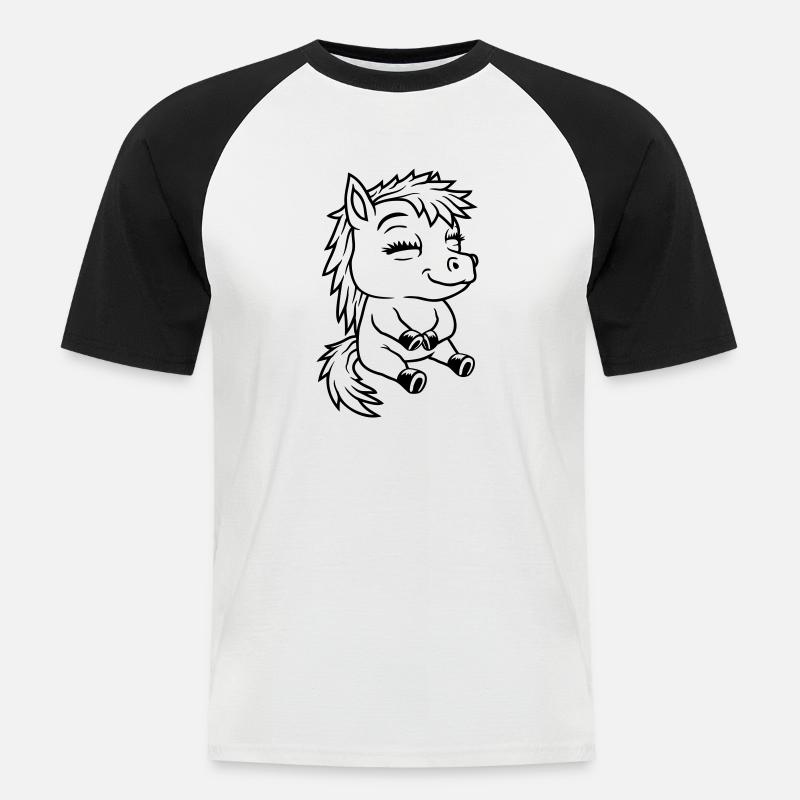 Comic kleines sitzendes Pony - Männer Baseball-T-Shirt - Weiß/Schwarz