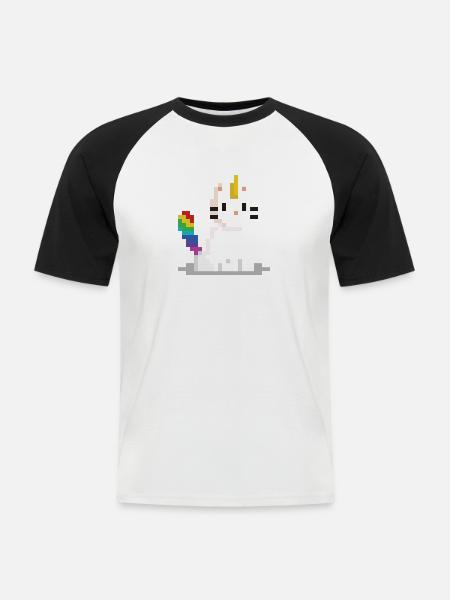 Pixel Einhorn Katze - Männer Baseball-T-Shirt - Weiß/Schwarz