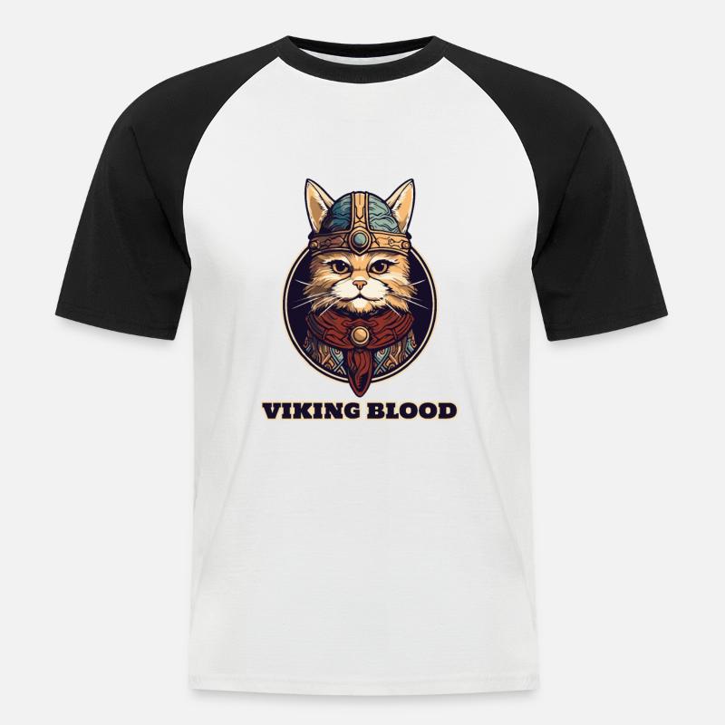 Wikingerkatze mit Wikingerhelm und Wikingerblut - Männer Baseball-T-Shirt - Weiß/Schwarz