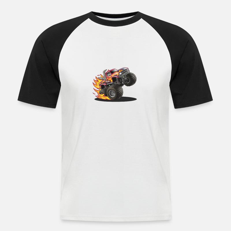 Monstertruck mit lodernden Reifen - Männer Baseball-T-Shirt - Weiß/Schwarz
