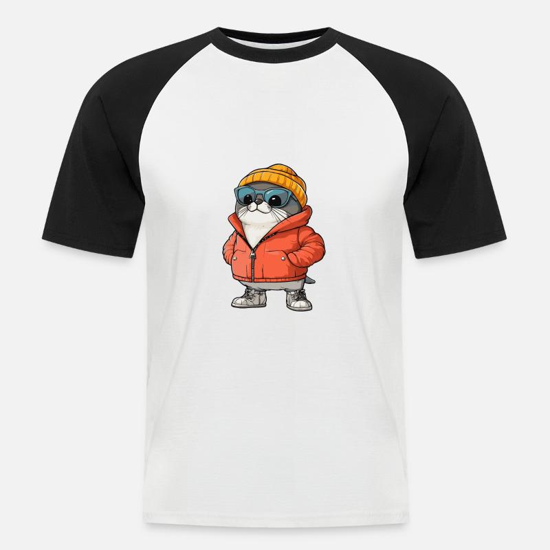 Robbe Tier Winter Comic - Männer Baseball-T-Shirt - Weiß/Schwarz