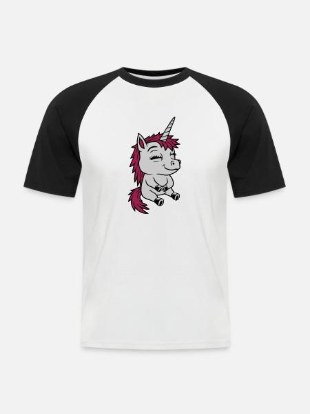 Sitzendes kleines Comic Einhorn - Männer Baseball-T-Shirt - Weiß/Schwarz