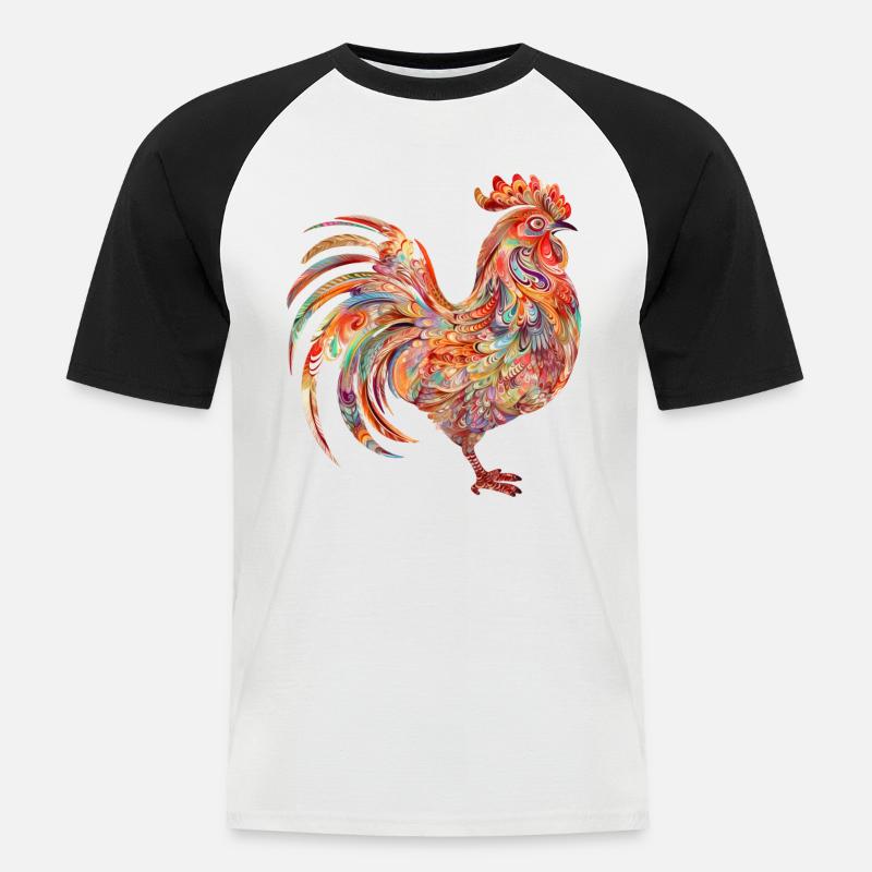 Lebendiger blumiger bunter Hahn - Männer Baseball-T-Shirt - Weiß/Schwarz
