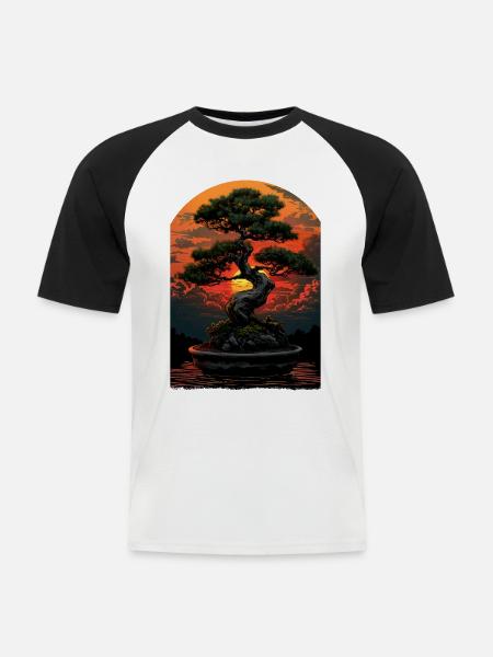 Bonsai Boom Zonsondergang Kunst, Zen Japanse Tuin, - Mannen baseballshirt korte mouw - wit/zwart