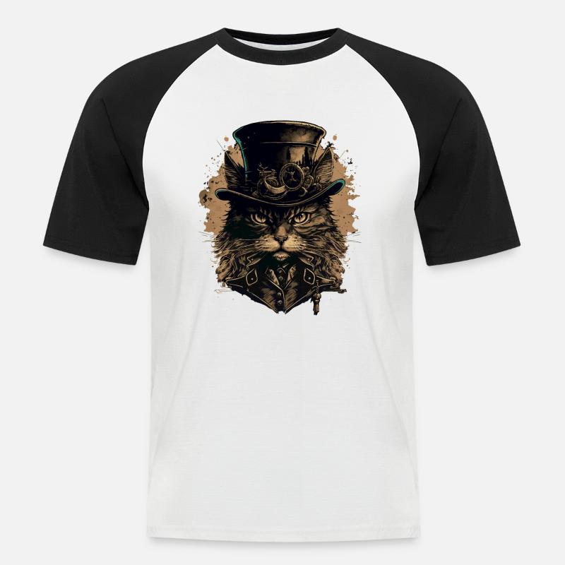 Steampunk Katze - Männer Baseball-T-Shirt - Weiß/Schwarz