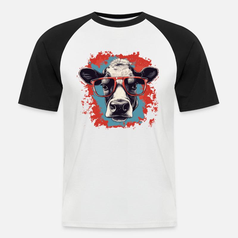 Kuh mit Nerdbrille - Männer Baseball-T-Shirt - Weiß/Schwarz