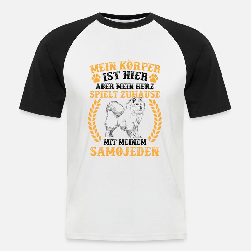 Samojede spielt zuhause Samojedenspitz - Männer Baseball-T-Shirt - Weiß/Schwarz