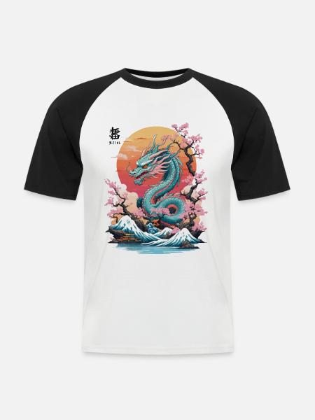 Japansk Dragon Tattoo Æstetisk Streetwear - Kortærmet herre-baseballshirt - hvid/sort