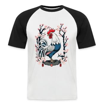 Asian Rooster Cherry Blossoms Aesthetic Design - Men's Baseball T-Shirt - white/black - Front - Nik (191cm)