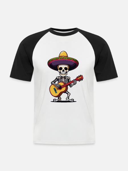 Mexican mariachi skeleton guitarist - Men's Baseball T-Shirt - white/black