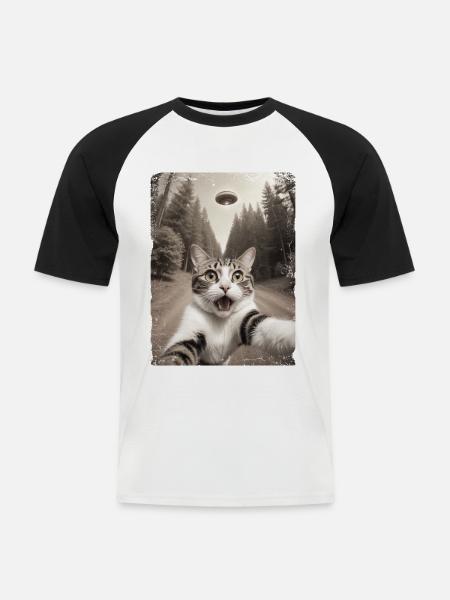 Funny Cat Selfie Alien Spaceship - Men's Baseball T-Shirt - white/black