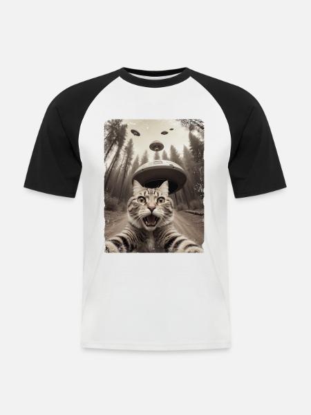 Morsom Cat Selfie Alien romskip - Kortermet baseball skjorte for menn - hvit/svart