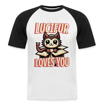 Lucifur Loves You Cartoon Cat Devil - Men's Baseball T-Shirt - white/black - Front - Nik (191cm)