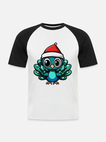 Pfau Vogel Weihnachten Niedlich - Männer Baseball-T-Shirt - Weiß/Schwarz